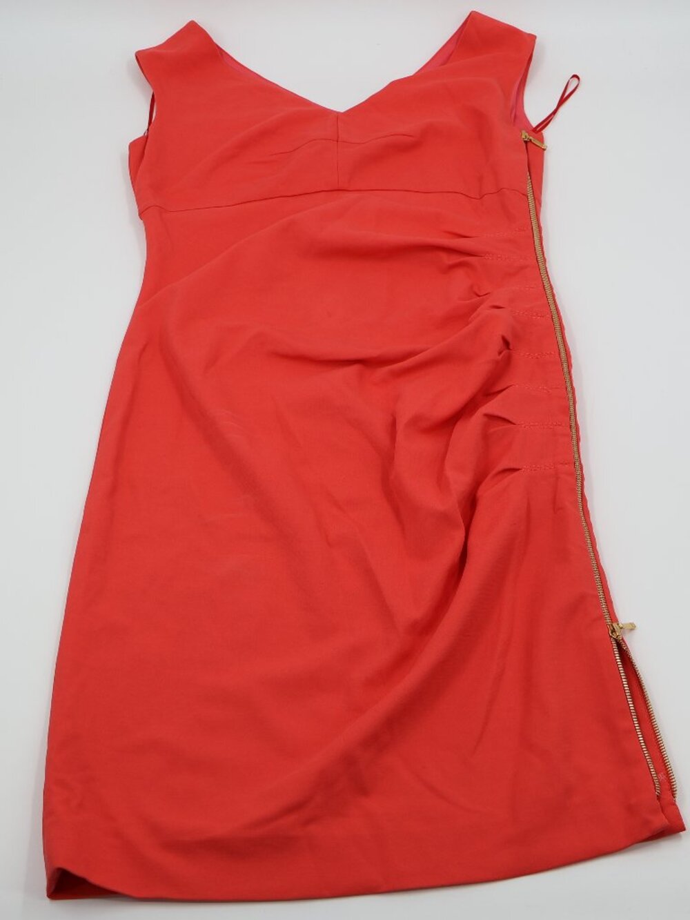 Escada Dallas Sheath Dress Womens 38 Coral Ruched V-Neck Gold Side Zip Luxury